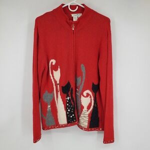 Coldwater Creek Red Cat Cardigan Sweater XL Zip Beaded Grandma Whimsical Knit